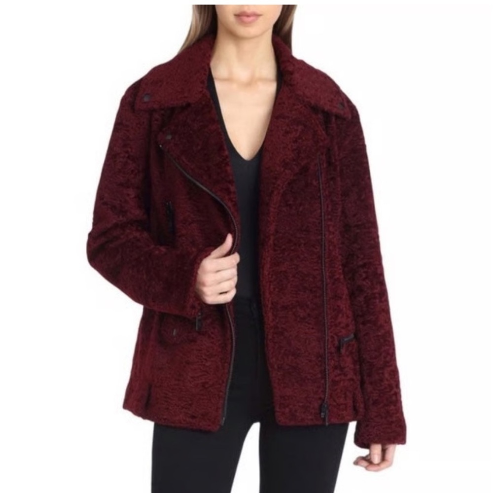 Anthropologie Avec Les Filles Faux Fur Moto Deep Red Teddy Jacket